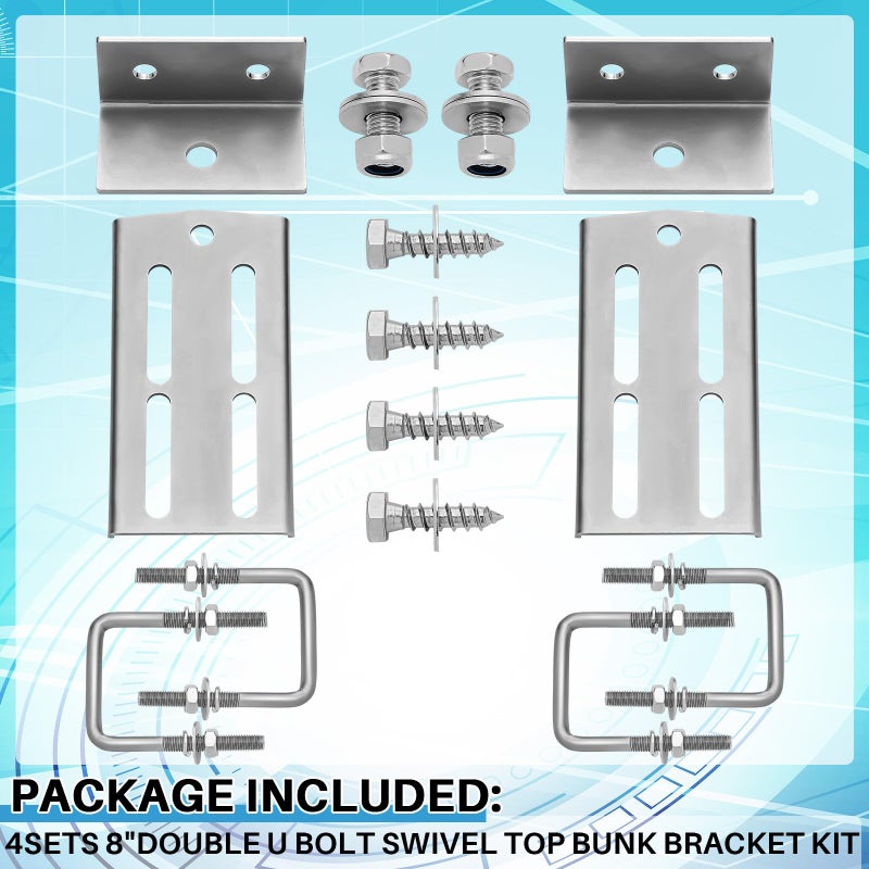 Yaocom 2 Sets 8"" Boat Trailer Bunk Brackets, Galvanized Double U Bolt Swivel Top Bunk Bracket Kit for 1.5"" x 3"", 2"" x 3"", 3"" x 3"" Boat Trailer Cross Member, Boat Trailer Bunk Brackets - Image 2